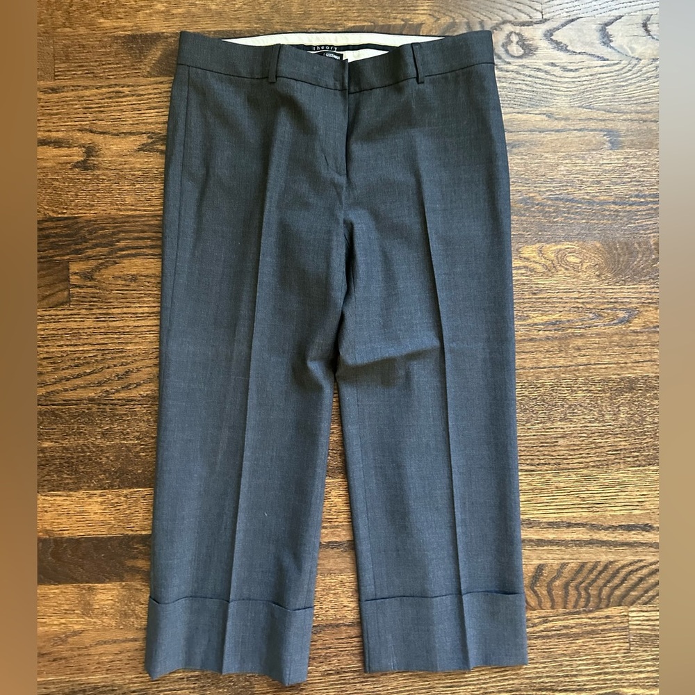 Theory Wool Crepe Cropped Cuffed Dress Pants Charcoal Gray size 6